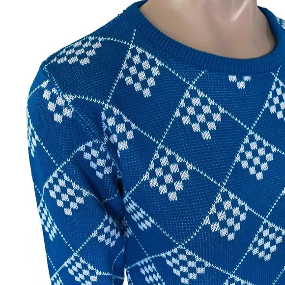 Prime Connection Vintage 80s Geometric Crewneck Knit Sweater Size M Blue White - Picture 7 of 16